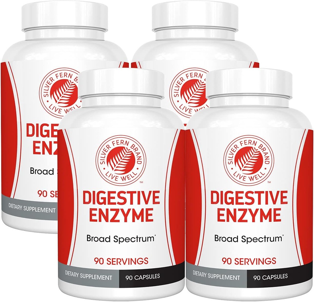 Supplément enzymatique digestif de marque Silver Fern - 4 bouteilles - Haute puissance, Multi enzymes - Confort digestif et tolérance alimentaire - Amylase, protéase, cellulase, More