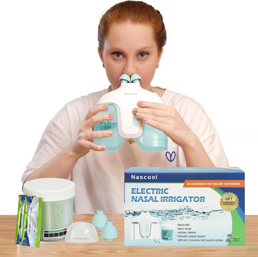 Système d'irrigation nasale électrique, Nettoyeur du nez de la machine à rincer nasal pour Sinus Adulte, Lave-nez, Système de rinçage nasal avec 50 sachets salines (vert)