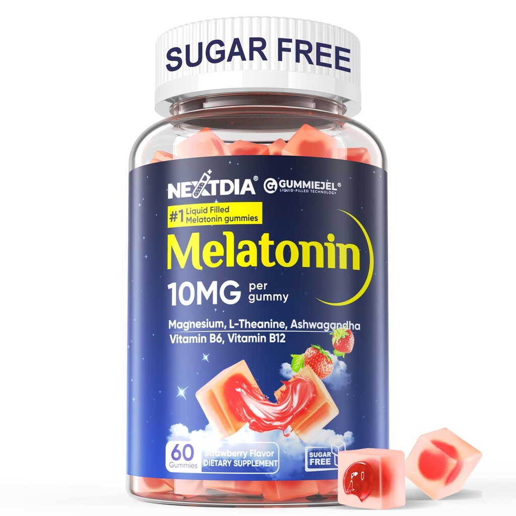 Sans sucre Mélatonine Gommies 10mg 20mg Magnésium Glycinat Mélatonine pour adultes, Ashwagandha, L-Theanine, B6, B12, Lemon Baume et Camomille pour la relaxation profonde, Antioxydant, Vegan, 60 Jour