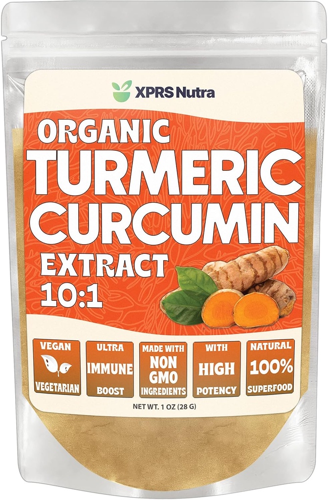 XPRS Nutra extrait de poudre de curcumine curcumine biologique 10:1 - Premium USDA poudre de curcumine biologique pour l'immunité - Vegan Friendly Curcumine pure pour la santé Gut (1 Once)