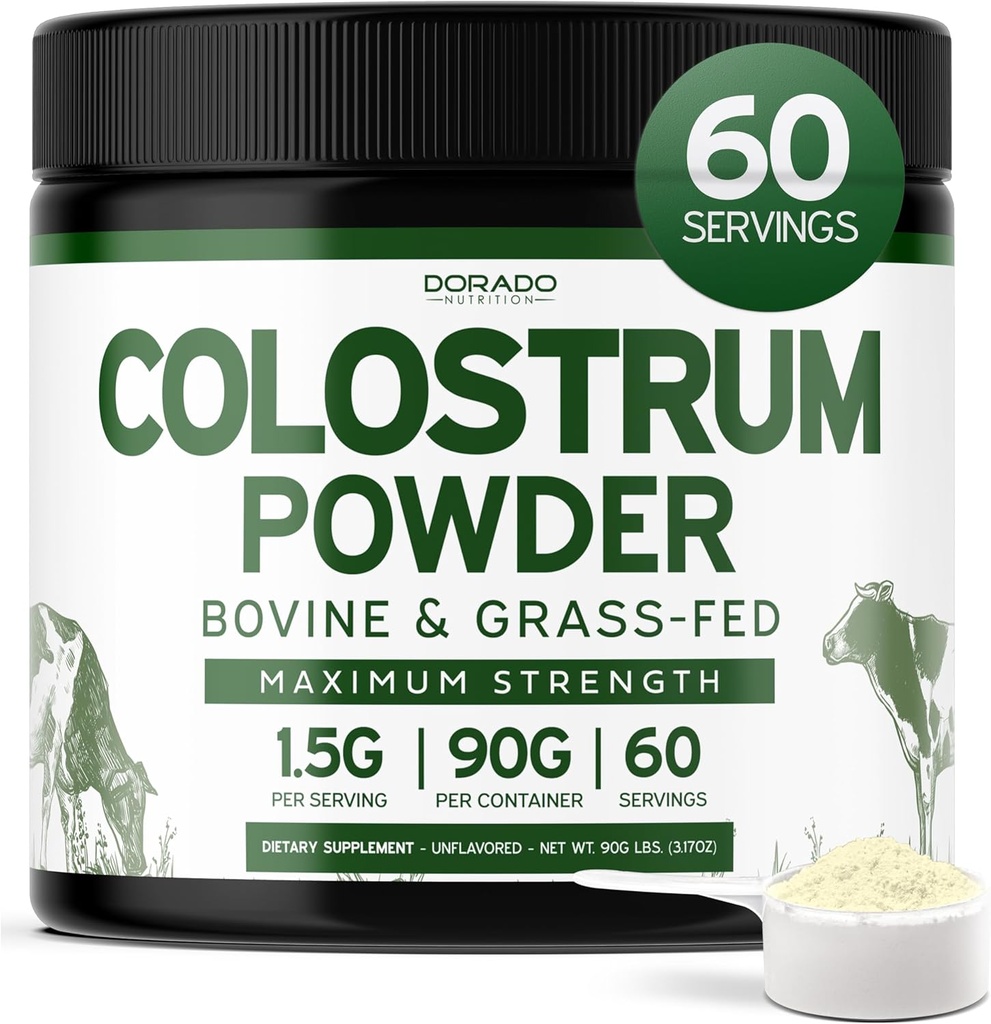 Poudre de supplément de colostrum 90g (60 portions de 1,5g Pure Bovin Colostrum Std. pour contenir 20 % d'IgG Immunoglobulines) Poudre herbeuse - Pas de remplissage, tiers testé, non aromatisé & USA Fabriqué
