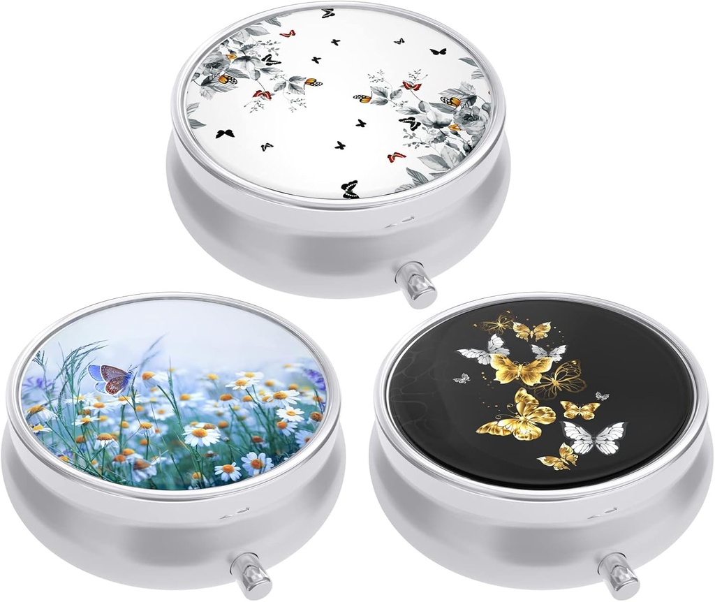 Boîte à pilules de 3 paquets, petit étui à pilules pour la purse et la poche, organisateur de médicaments de voyage mignon, porte-conteneur de médicaments portatifs pour contenir des vitamines, médicaments, huile et supplément de poisson, papillon