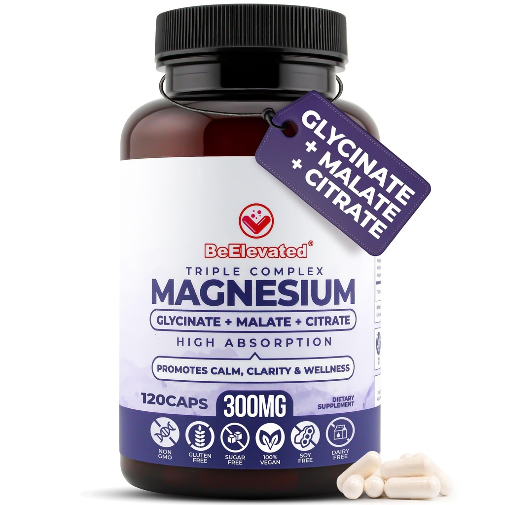 High Absorption Triple Magnesium Complex for Sleep, Relaxation & Muscle Support – 300mg of Magnesium Glycinate, Citrate & Malate – Gentle on Stomach – Non-GMO, Vegan – 120 Capsules