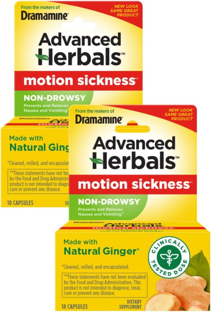 Dramamine Motion Maladie Relief, Non-Drowsy, Naturel avec Ginger, 18 Ct. (Pack de 2)