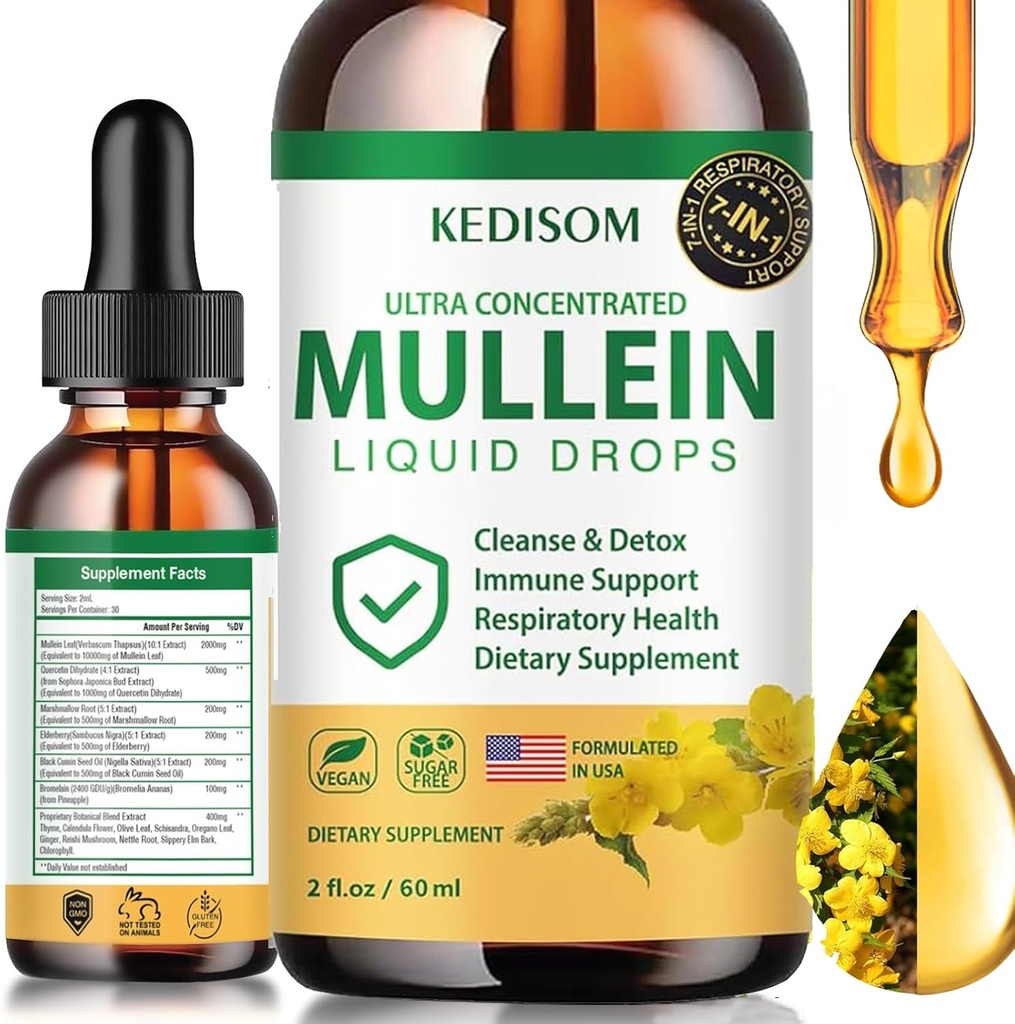 7 gouttes en 1 de Mullein pour les poumons 2 Fl Oz - Supplément d'extrait de feuille de Mullein biologique - Nettoyage pulmonaire et bronchial pour les fumeurs - Soutien respiratoire