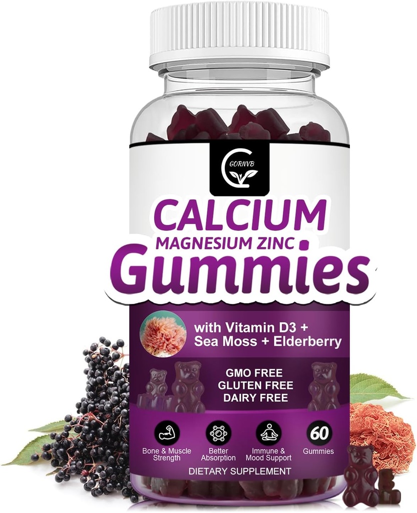 Calcium Magnésium Zinc Gommies avec Magnésium haute absorption, Potassium, D3 - pour os, muscles, immunitaire et soutien du sommeil, végétalien