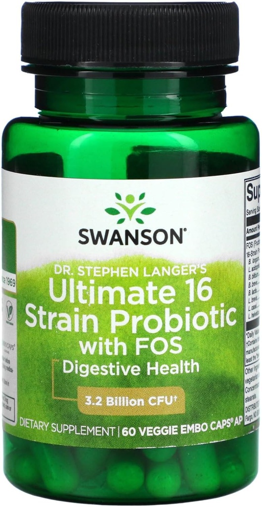 Swanson Formule du Dr Stephen Langer - Probiotique naturel avec/prébiotique FOS - Supplément 16-Strain favorisant le soutien digestif w/ 3.2 Million CFU par gélule - (60 Capsules de Veggie)