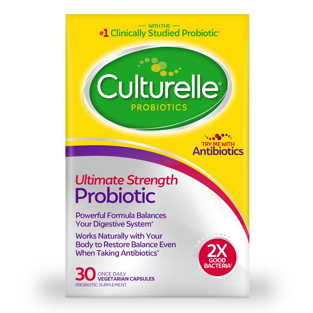 Culturelle Ultimate Strength Probiotic pour les hommes et les femmes, la souche probiotique la plus étudiée cliniquement, 20 milliards d'UFC, soutient la diarrhée occasionnelle, le gaz et le ballonnement, non-OGM, 30 comtes