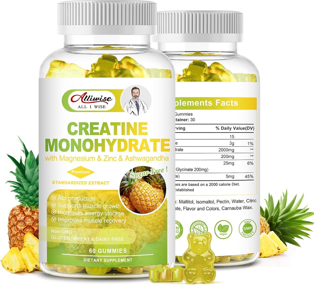 Monohydrate de créatine sans sucre pour les hommes et les femmes, supplément complexe monohydraté de créatine avec Magnésium et zinc et Ashwagandha, pour la croissance musculaire et la force, l'énergie, le supplément de préentraînement