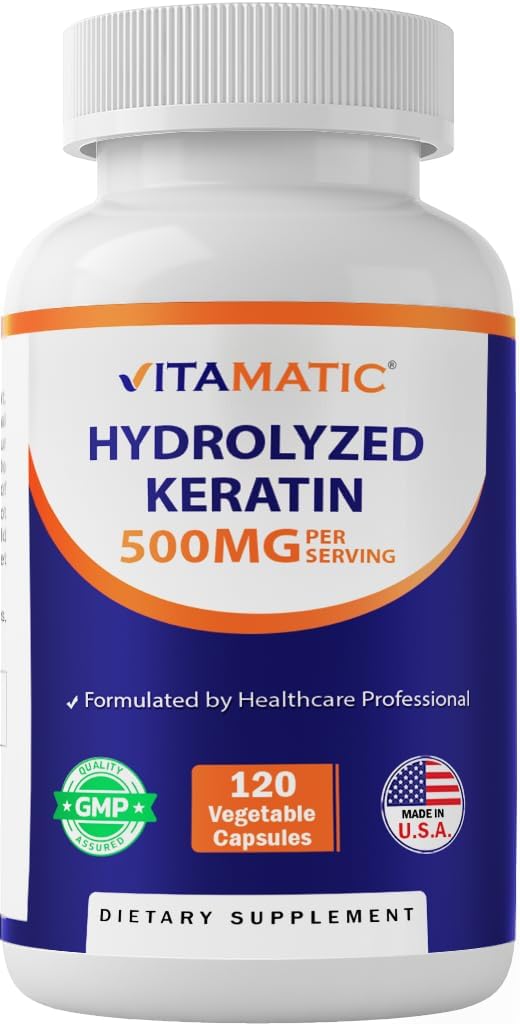Vitamatic Hydrolyzed Keratin 500mg par portion - 120 Capsules végétariennes - Suppléments kératiniques pour la peau et les ongles des cheveux sains pour les adultes