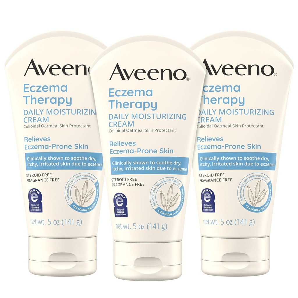 Aveeno Eczema Thérapie Crème hydratante quotidienne pour la peau sensible, crème apaisante pour l'eczéma, crème colloïdale et céramide pour peau sèche et démangeaison, sans stéroïdes et fragrances, 5 oz, boîte de 3