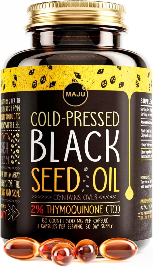Maju Superfoods Capsules d'huile de graines noires - Cold Pressed, 2% Thymoquinone, 100% Cumin Noir Nigella Sativa Huile de graines, Liquid Pur Blackseed 60 Compte, 500mg par Capsule