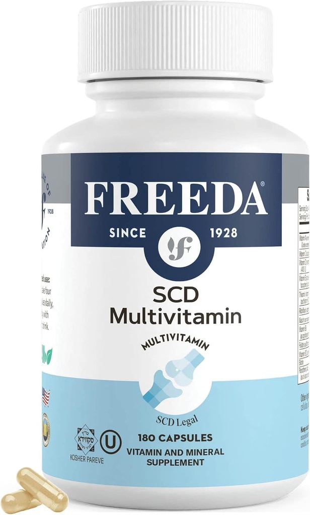 FREADA SCD Multivitamine – Supplément quotidien multivitamine pour les hommes et les femmes – Végétaux, sans gluten, SCD Légal – Vitamines adultes certifiées kosher – Régime spécifique aux glucides – 180 capsules