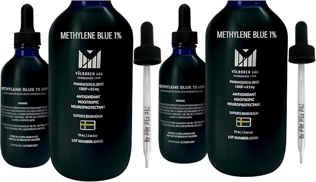 Méthylène Blue Pharmaceutical Grade Bundle - 2 oz et 4 oz Bottles - USP Grade - Fabriqué aux États-Unis - Troisième partie testée, sans formaldéhyde et sans alcool - Supplément santé cérébrale - Méthylène 1% gouttes pour les humains