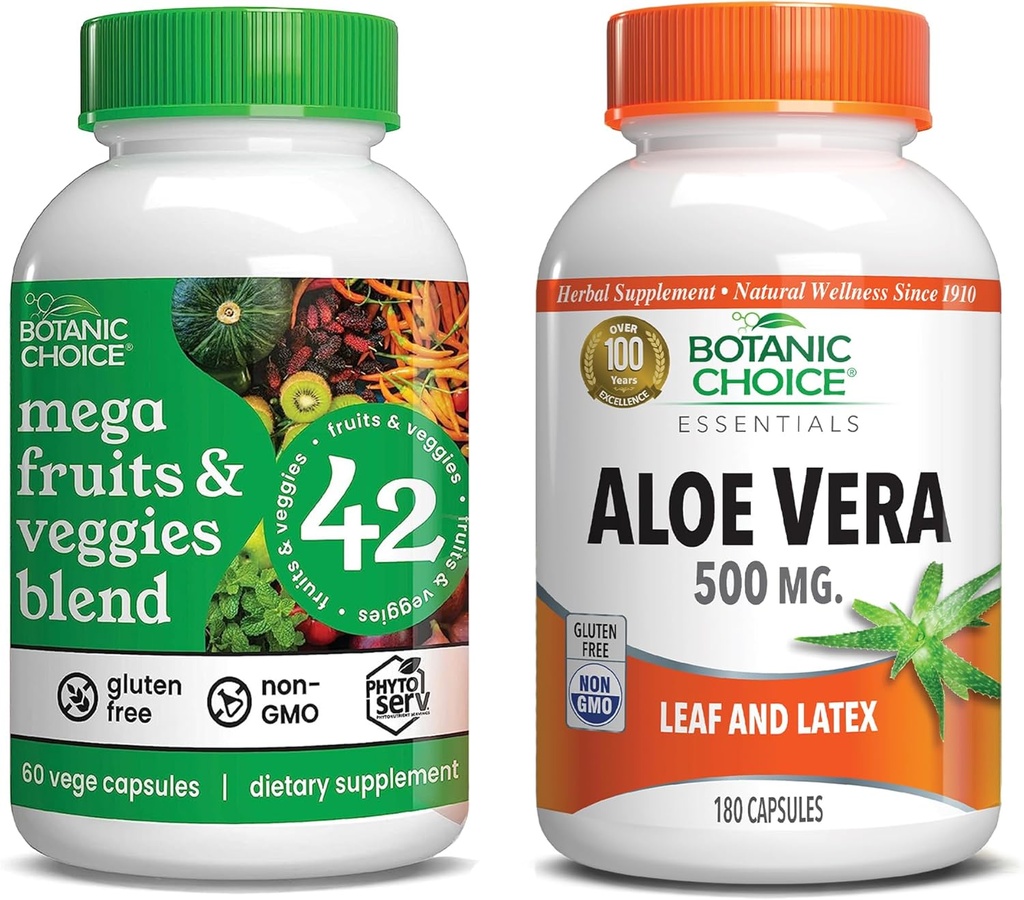 Botanic Choice Mega Fruits and Veggies Blend (60 Capsules) + Aloe Vera (180 Capsules) Bundle - Energy Balance & Superfood Supplement + Digestive Health Support