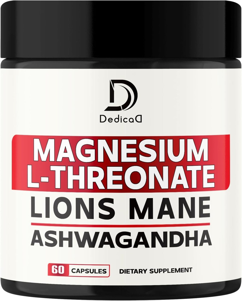 Magnesium L-Threonate Supplement with Lions Mane & Ashwagandha Root - 1000Mg Per Serving for 60 Count Supply - Advanced Formula Support
