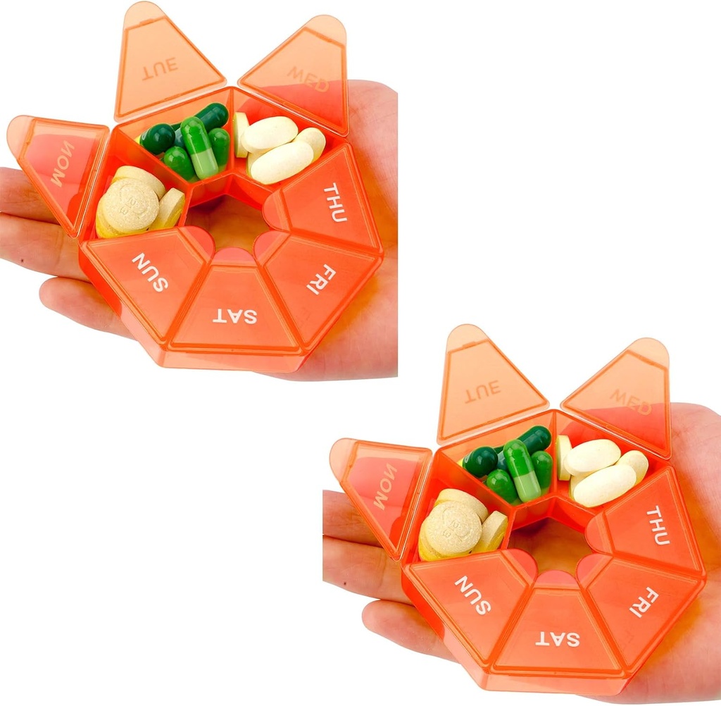 Organisateur de pilules, 2 Pack Pill Box, Petites pilules, Organisateurs Médicis 1 fois par jour, Conteneur hebdomadaire de pilules, Titulaire,Médecine quotidienne Organisateur Voyage 7 Jour(Orange)