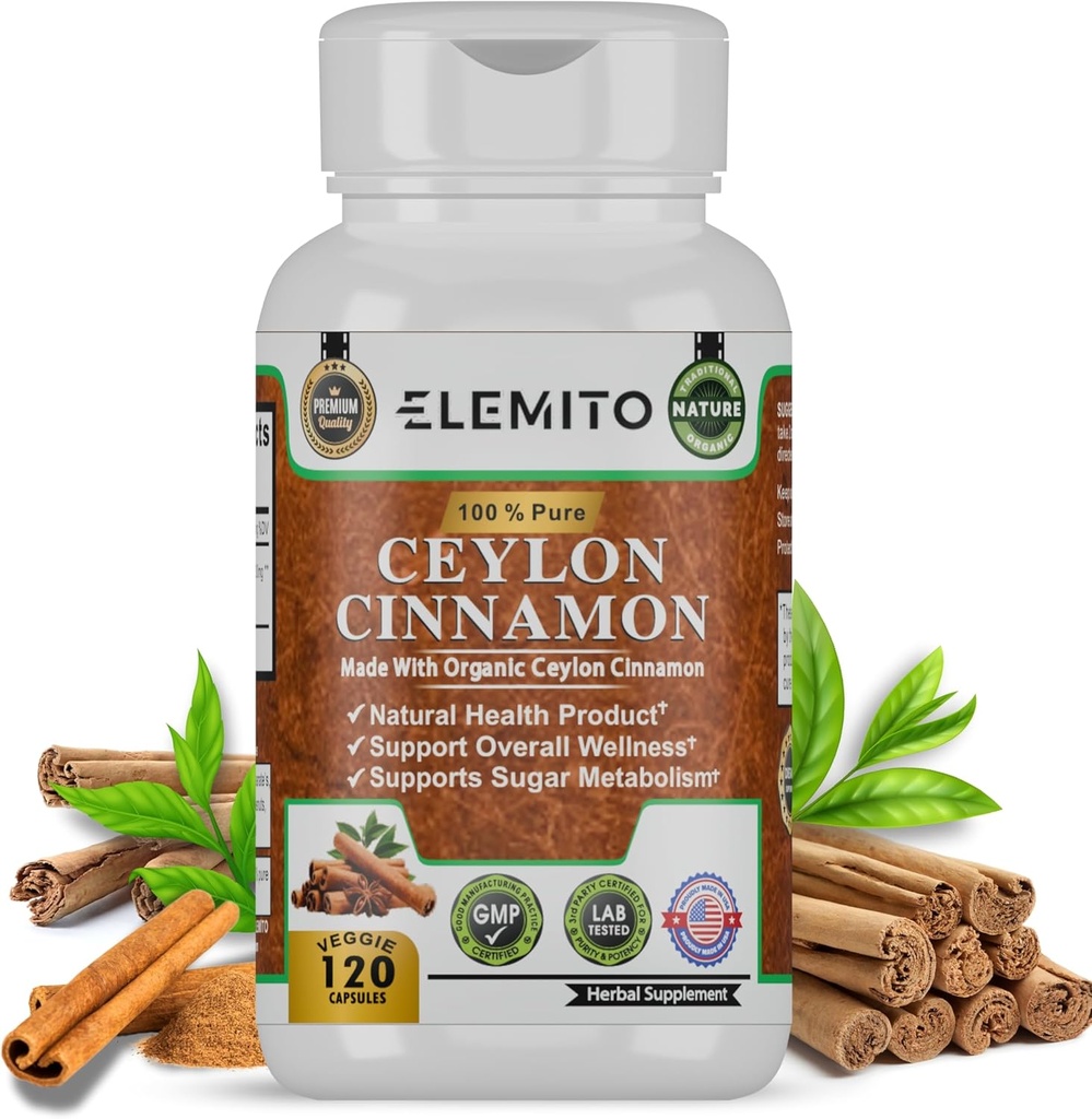Ceylan Capsules de cannelle, support énergie, coeur et métabolisme, pilules de cannelle certifiées biologiques Ceylan, non OGM, végétalien, sans gluten - 120 capsules