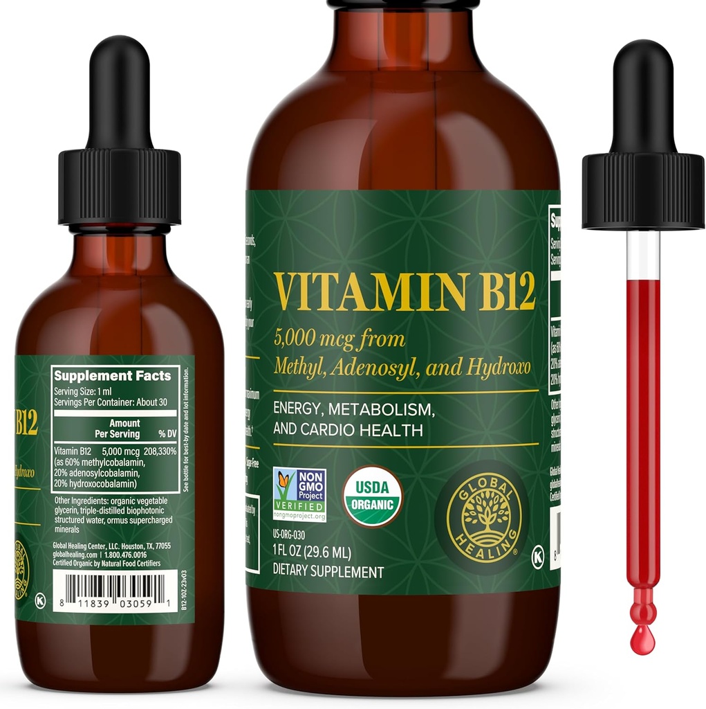 Global Healing Center - Vitamine B12 Sublingual 5000 MCG Organic Liquid Supplement, méthylcobalamine, Adénosylcobalamine, Hydroxo Long Lasting Energy and Healthy Metabolism - Vegan B12 Vitamines (1 Oz)