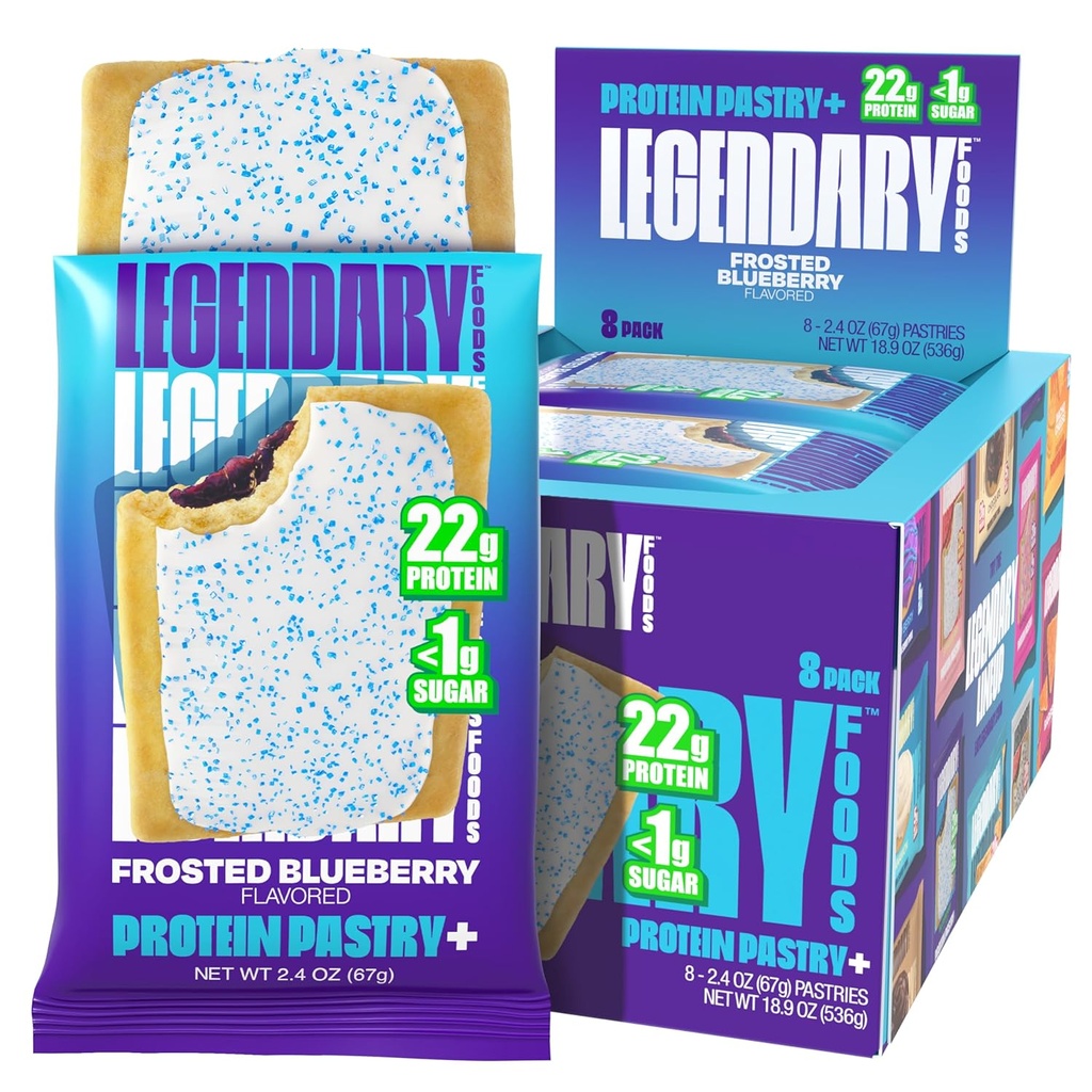 Aliments légendaires 22g Pâtisserie protéinée+ Blueberry givré, barre de remplacement de repas à faible teneur en glucides - Snacks Protien sans gluten à faible glycémie - Boîte à snack kéto santé 8 Barres d'énergie de sucre zéro - diabétique amical