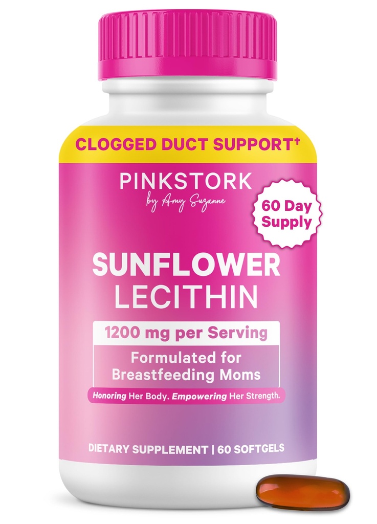 Supplément à la lécithine de tournesol Pink Stork - 1200 mg pour les sucettes de lait enrobées - Essentiels d'allaitement pour les mamans postpartum - Supporte le flux de lait maternel - 60 Softgels