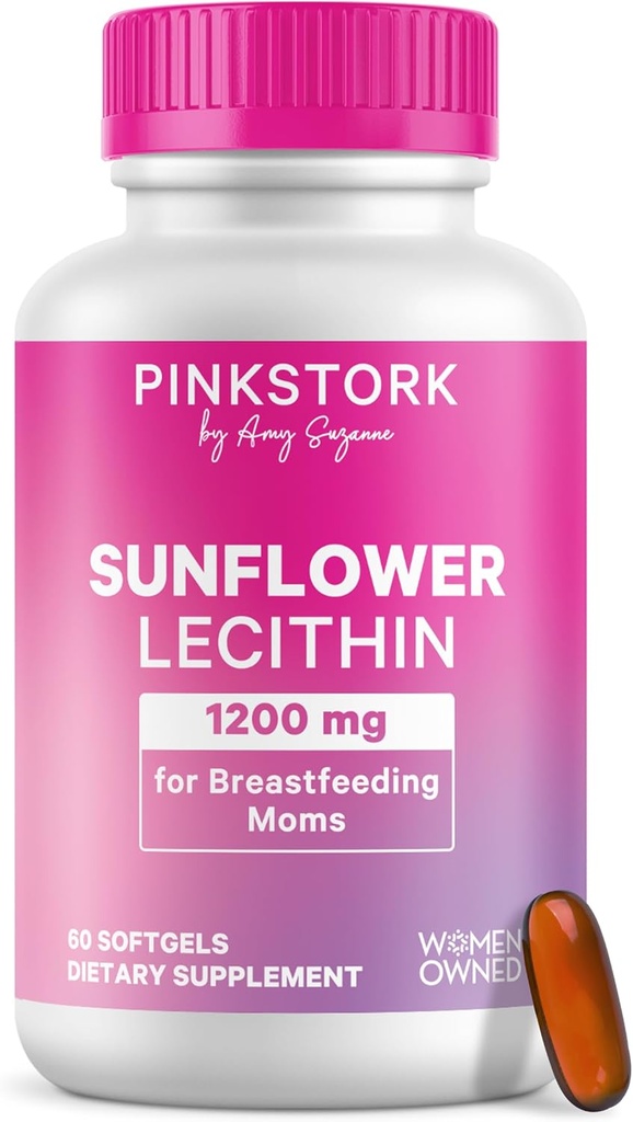 Supplément à la lécithine de tournesol Pink Stork - 1200 mg pour les sucettes de lait enrobées - Essentiels d'allaitement pour les mamans postpartum - Supporte le flux de lait maternel - 60 Softgels