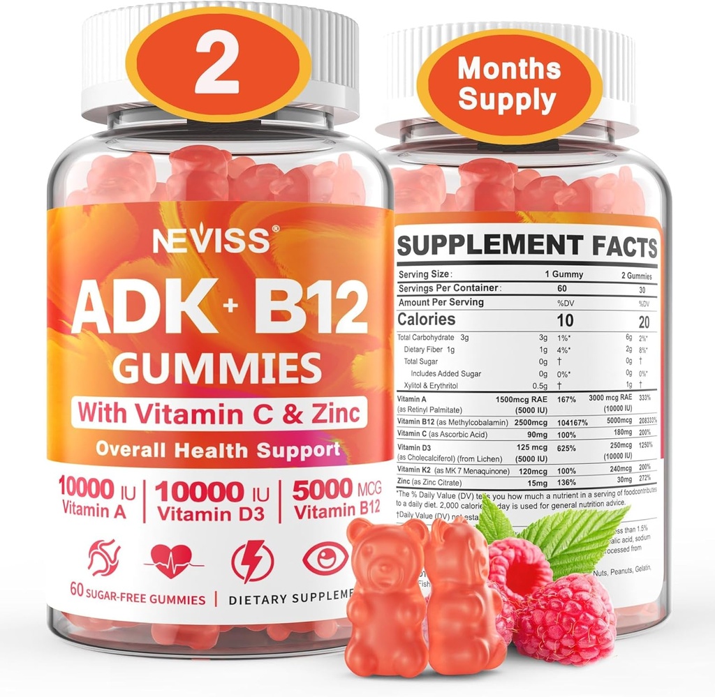Multivitamines méthylées Hommes, Vitamine D3 K2 5000UI / 10 000UI, B12 5000 mcg 2500mcg, K2 (MK-7) 240mcg- ADK+Méthyl Vitamine B12, Vegan D3,Vitamine A,C,Oeil de zinc,Bone,Énergie,Immune, Gommies sans sucre