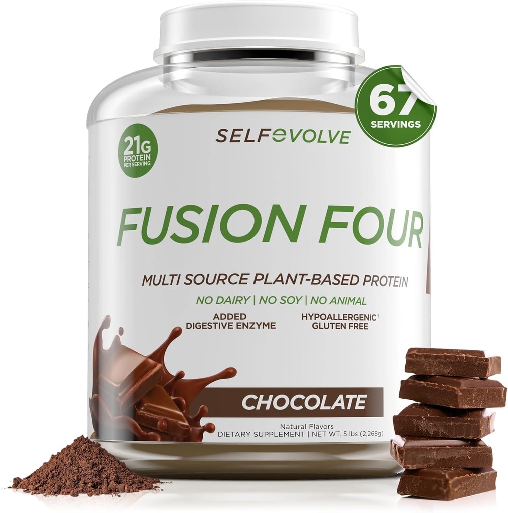 Fusion Four Poudre de protéines végétaliennes - 21g Poudre de protéines végétales - Sans gluten, sans lait et sans soja, protéines de pois avec BCAA - Chocolat aromatisé - 5lbs