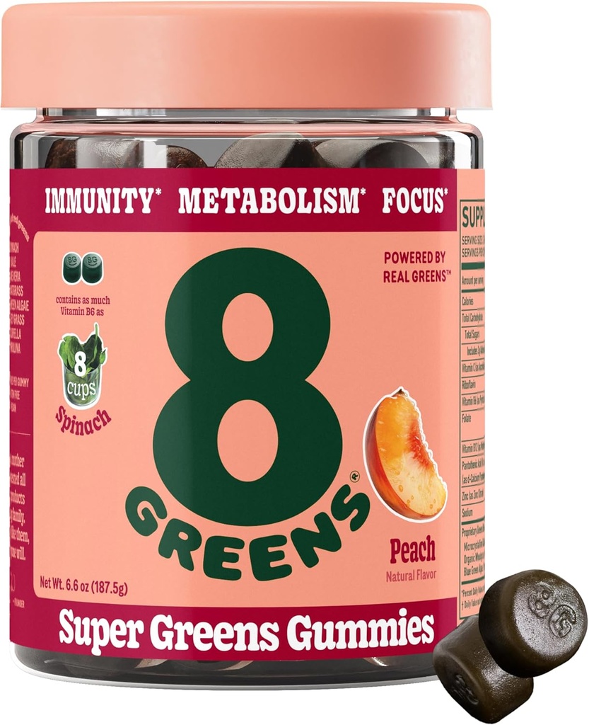 8Greens Supergreens Gummies Super Greens Poudre Superfood Gummy pour le métabolisme, l'immunité et le focus, enzymes de santé digestive, biologique: Chlorella, Spiruline, Aloe Vera, Peach Flavor, 50 Comte