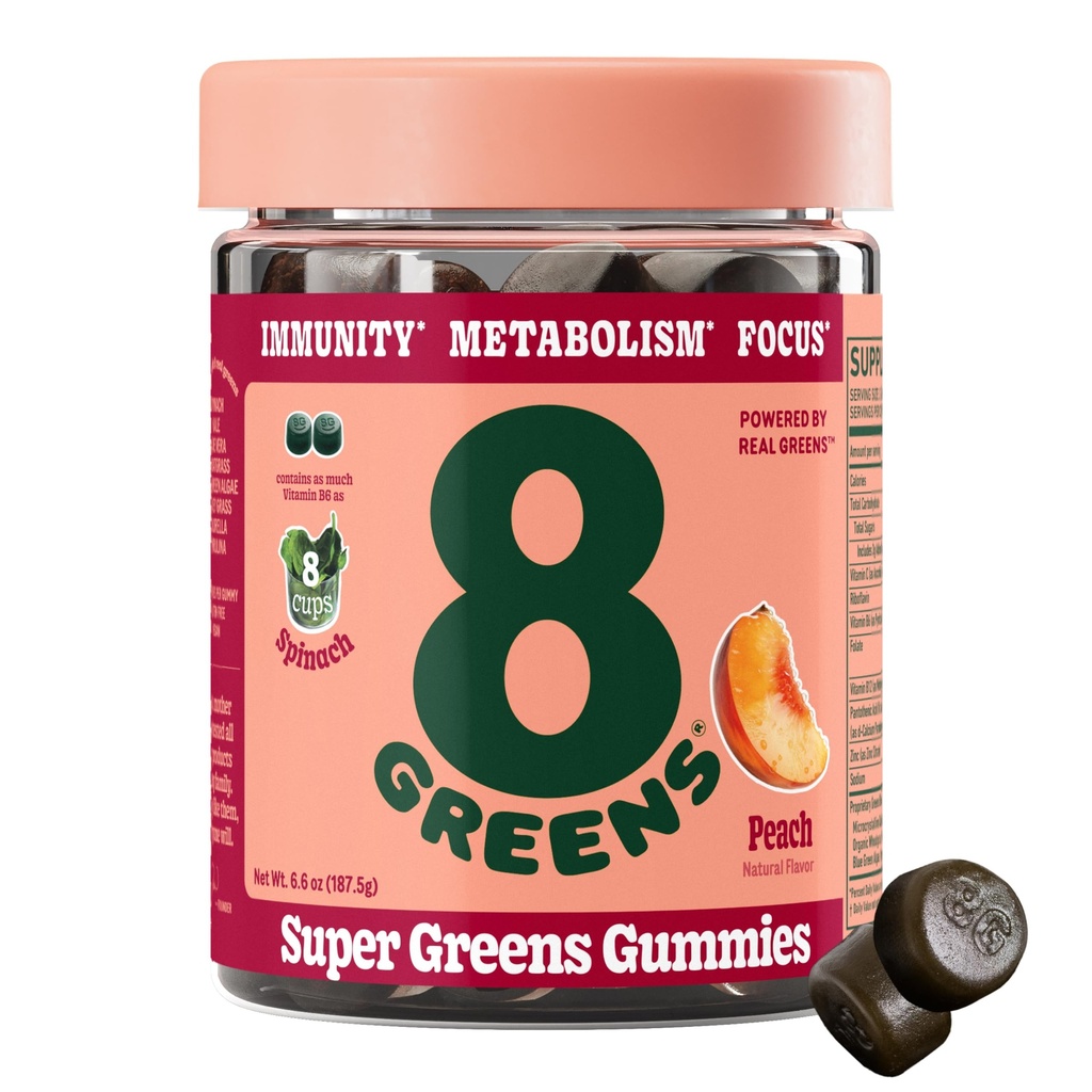 8Greens Supergreens Gummies Super Greens Poudre Superfood Gummy pour le métabolisme, l'immunité et le focus, enzymes de santé digestive, biologique: Chlorella, Spiruline, Aloe Vera, Peach Flavor, 50 Comte