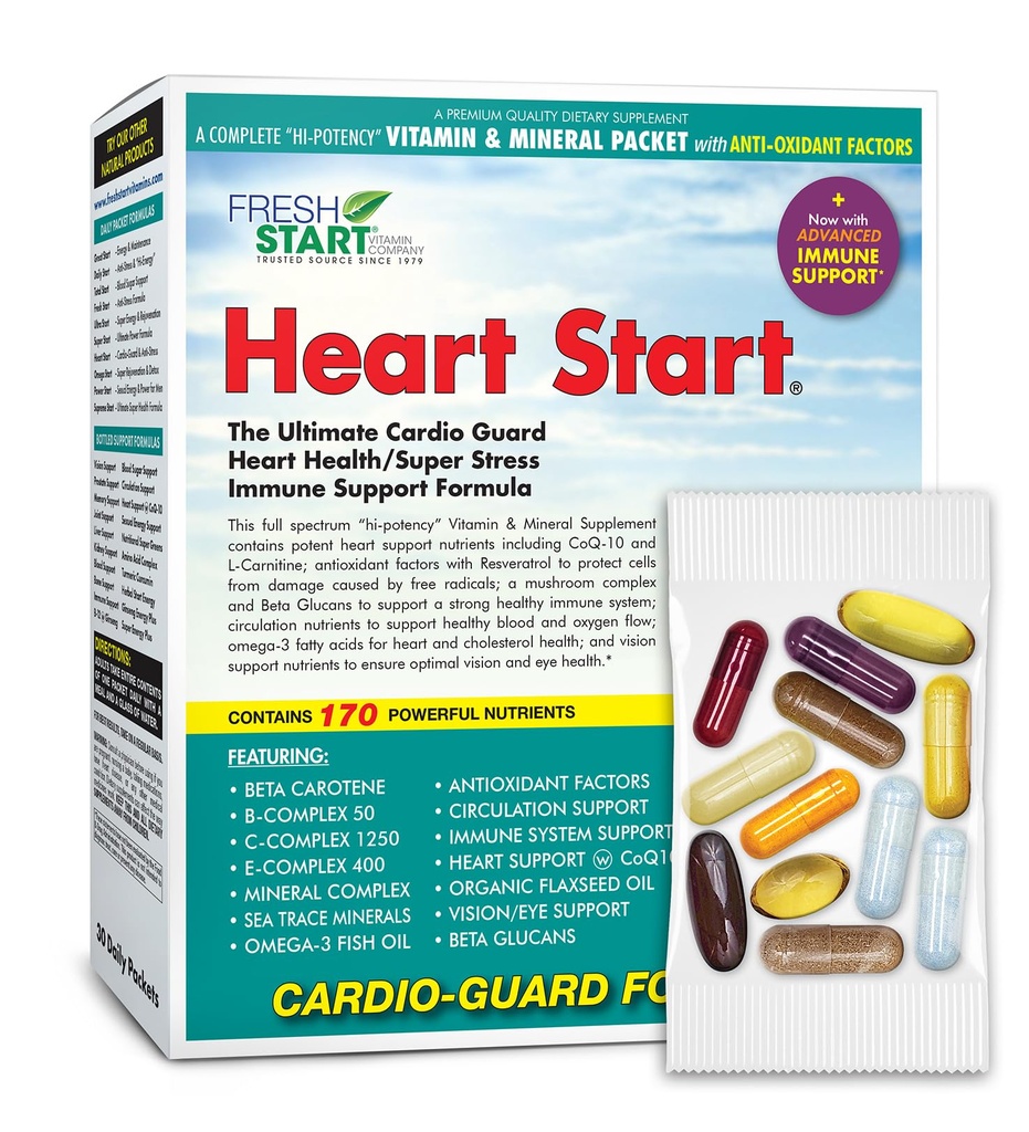 Heart Start Complete Daily Vitamin Pack (en anglais seulement) Support cardiaque et booster immunitaire (en anglais seulement) Vitamine A, B, C, D, E, Minéraux, Elderberry, Beta Glucans, Omega-3, CoQ-10, Quercetin, Resvératrol (30 packets)