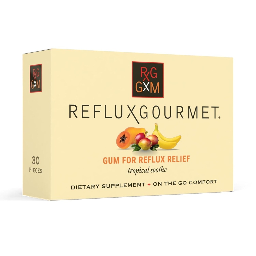 Reflux Gourmet Tropical Soothe Gum Alginate Therapy Sodium Bicarbonate Gum for Acid Reflux, Oral, Cognitive, and Digestive Support, Natural with Ginger, Celeriac, Aloe, Sugar Free, Gluten Free, Vegan