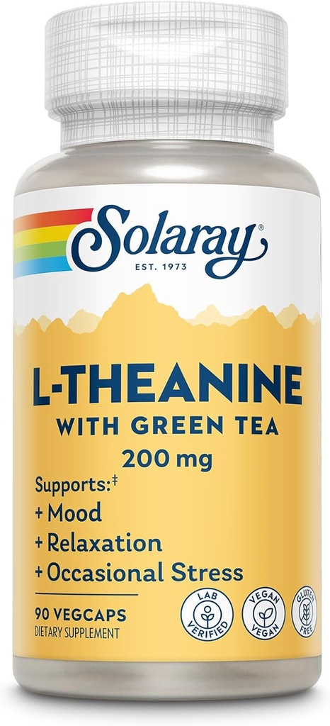 SOLARAY L-Theanine 200mg avec thé vert - Hygiène de l'humeur, relaxation et stress occasionnel Support - Lab Vérifié, végétalien, sans gluten - 90 portions, 90 VegCaps