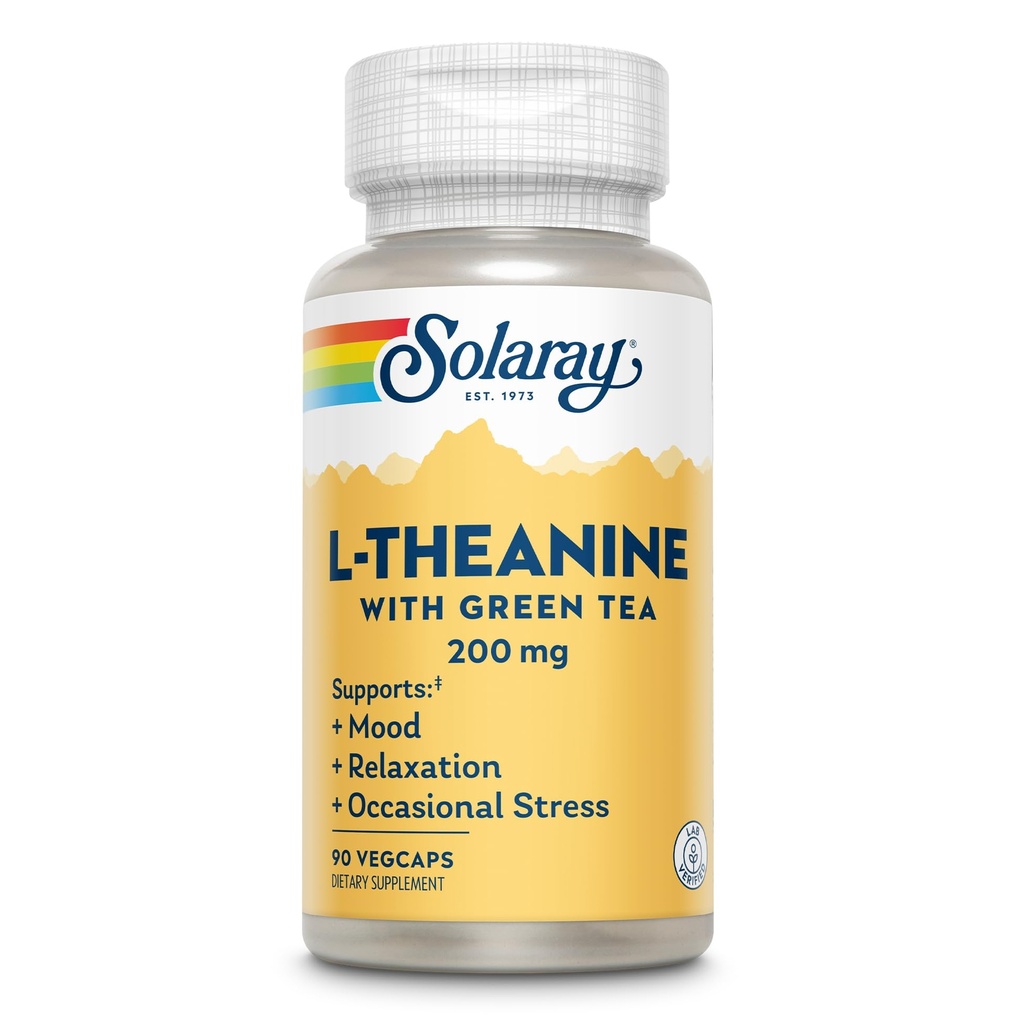 SOLARAY L-Theanine 200mg avec thé vert - Hygiène de l'humeur, relaxation et stress occasionnel Support - Lab Vérifié, végétalien, sans gluten - 90 portions, 90 VegCaps