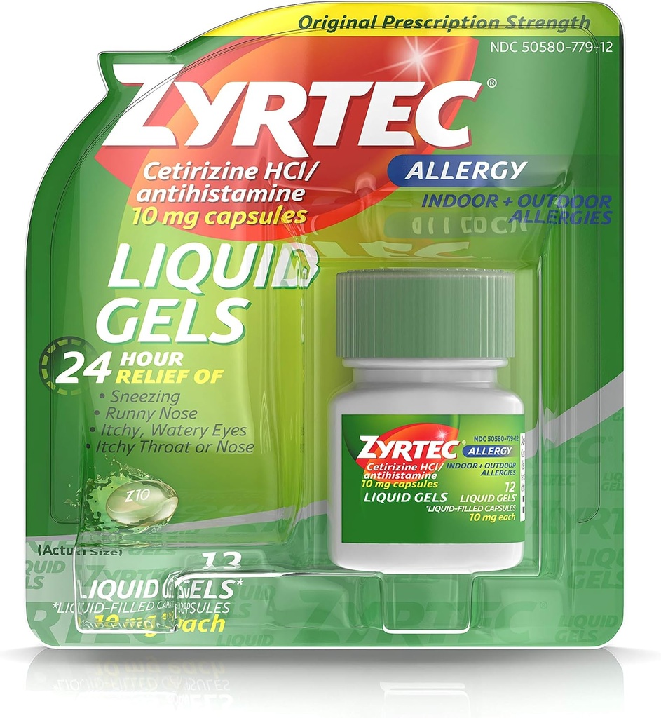Zyrtec 24 heures à l'intérieur et à l'extérieur Gels liquides allergiques, Capsules antihistaminiques avec chlorhydrate de cétirizine pour soulager l'allergie toute la journée, 12 ct (paquet de 2)