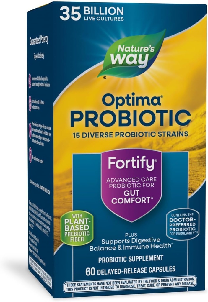 Nature's Way Fortify Optima Probiotic pour les adultes, 35 milliards de cultures vivantes, 15 souches, soutient l'équilibre digestif et la santé immunitaire*, sans réfrigération nécessaire, 60 capsules (paquetage mai vary)
