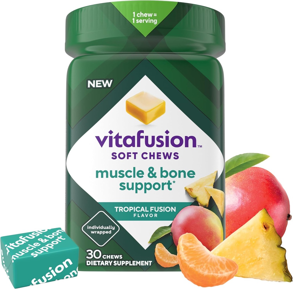 Vitafusion Soft Chews Muscle & Bone Support (1), Vitamine D à croquer pour les adultes pour le soutien des os et des muscles, emballé individuellement, parfum de fusion tropicale, 30 Chews, 30 jours d'approvisionnement
