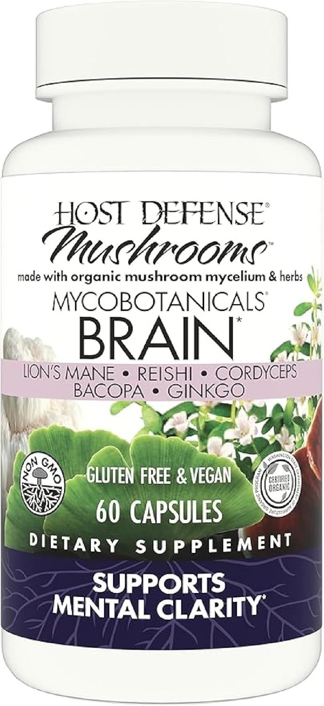 Défense de l'hôte MycoBotanicals Capsules Cerveau* - Supplément de soutien au cerveau avec le champignon Lion's Mane, Reishi & Cordyceps - Supplément à base de plantes pour le soutien de la mémoire et de la concentration - 60 capsules (30 portions)*