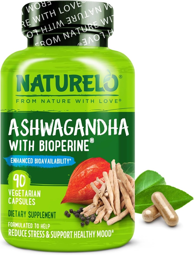 NATURELO Ashwagandha poudre de racine biologique - supplément naturel à base d'herbes pour la fatigue, le stress, l'amélioration de l'humeur - avec extrait de poivre noir - 90 capsules végétaliennes