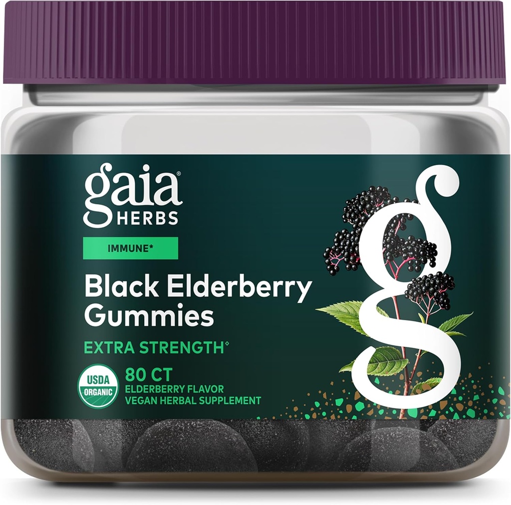 Gaia Herbs Black Elderberry (Sambucus Nigra) Gommies Extra Strength - Delicious Immune Support Supplément - Fabriqué avec des mûres noires certifiées biologiques pour le système immunitaire Support - 80 Gommies