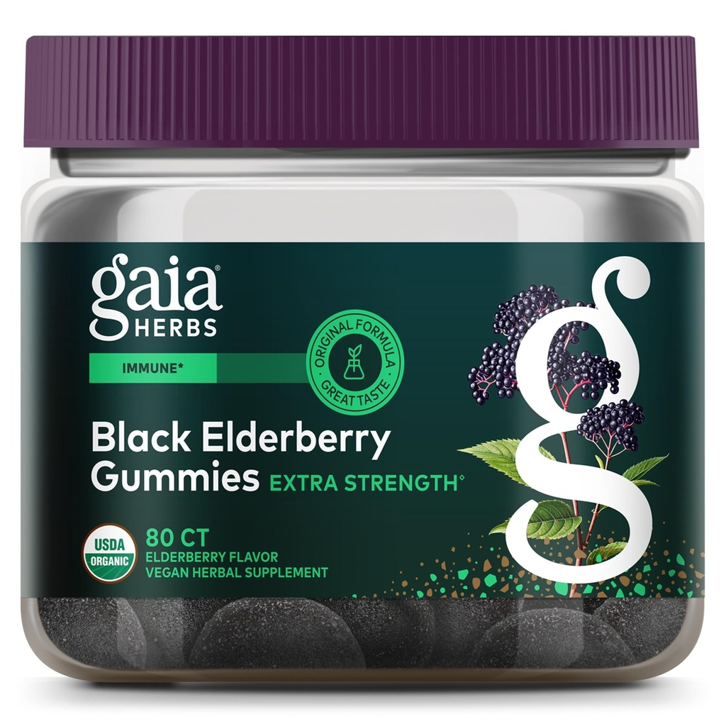 Gaia Herbs Black Elderberry (Sambucus Nigra) Gommies Extra Strength - Delicious Immune Support Supplément - Fabriqué avec des mûres noires certifiées biologiques pour le système immunitaire Support - 80 Gommies