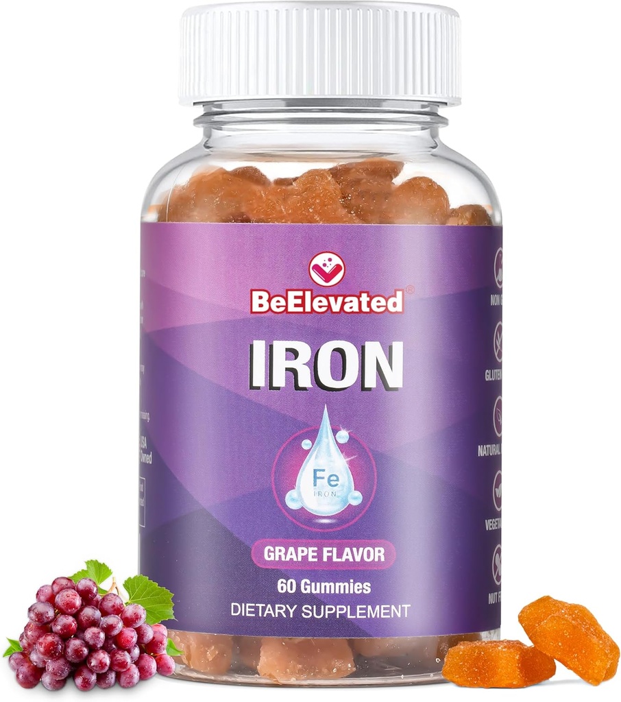 Vitamine gommy de fer - Suppléments sans gluten pour les adultes et les enfants - Supplément sans arachide - Vitamines à croquer au raisin pour les femmes et les hommes - 60 Nombre