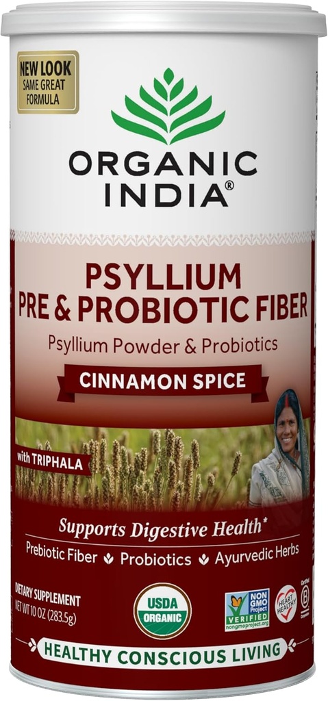ORGANIQUE INDIA Poudre de push Psyllium - Supplément de fibre pré et probiotique, Supplément de fibre de push Psyllium organique avec Husk Psyllium entier, certifié USDA biologique, végétalien, sans gluten - cannelle, 10 Oz