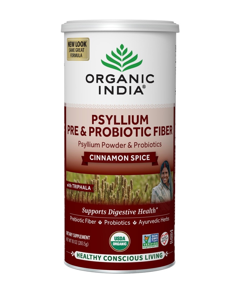 ORGANIQUE INDIA Poudre de push Psyllium - Supplément de fibre pré et probiotique, Supplément de fibre de push Psyllium organique avec Husk Psyllium entier, certifié USDA biologique, végétalien, sans gluten - cannelle, 10 Oz