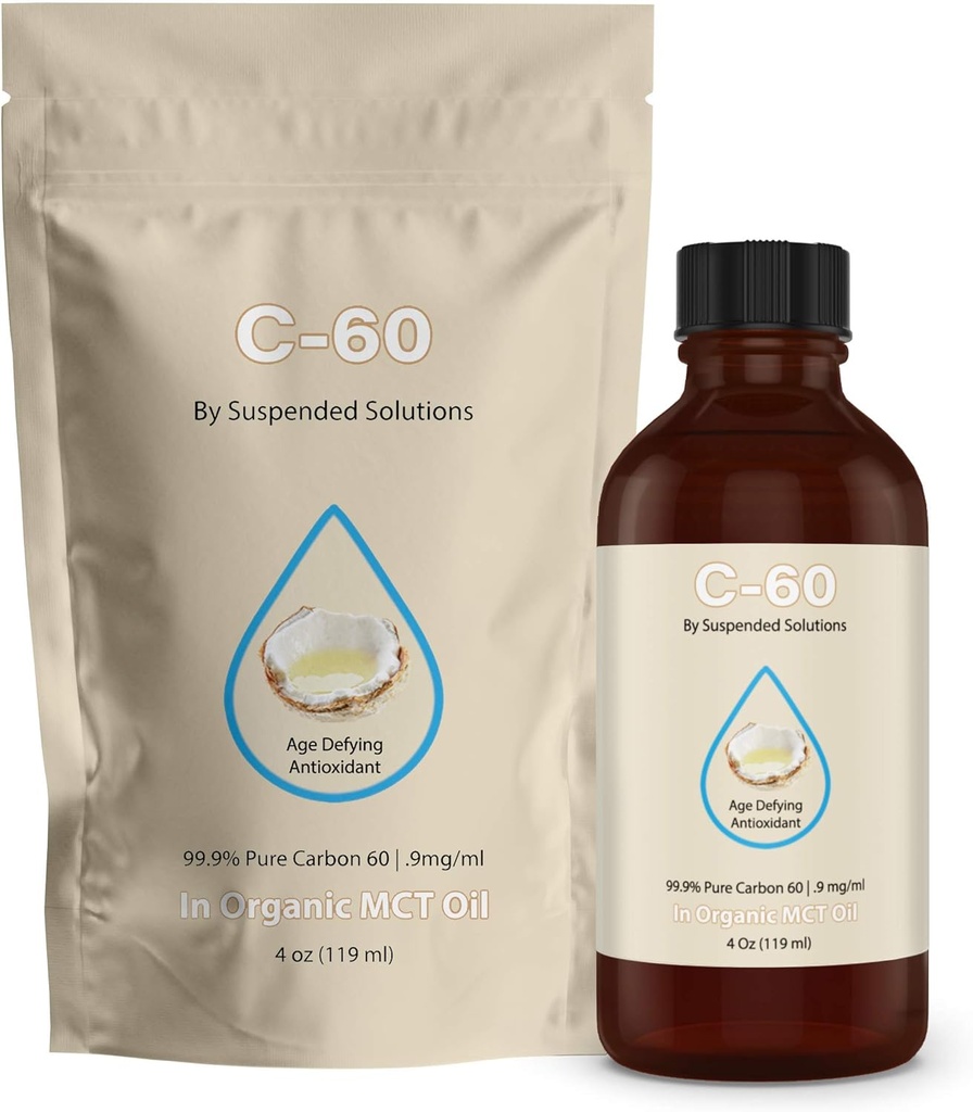 C-60 MCT - 4 oz -99,9% Pure C-60 en huile MCT extra vierge biologique - 100% sans solvant - 108mg C60 actif - bouteille en verre - carbone 60