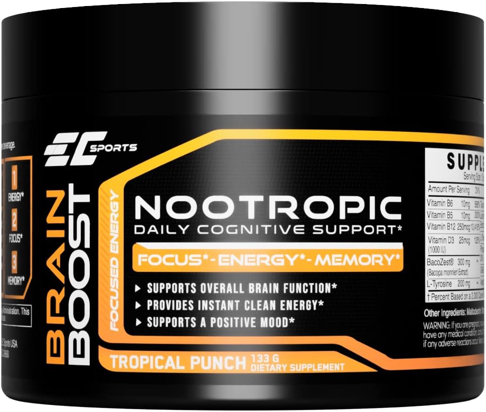 EC Sports Cerveau Boost Tropical Punch Nootropic Supplément pour Focus, traitement plus rapide, énergie instantanée et performance w/ 18 Nootropics - 30 Serviages