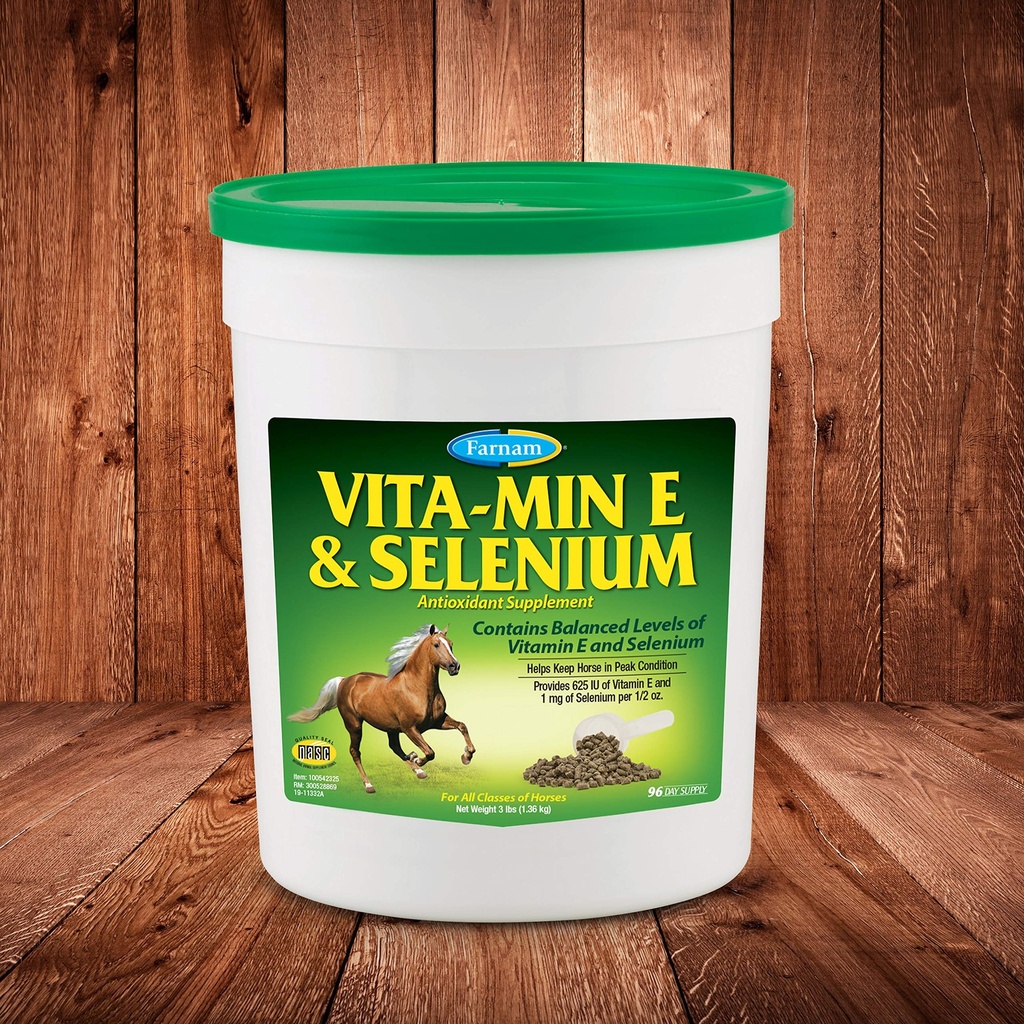 Supplément antioxydant Farnam Vita-Min E & Sélénium pour chevaux, supplément de vitamine E pour chevaux, santé musculaire et état de pic, 3 lb, 96 jours