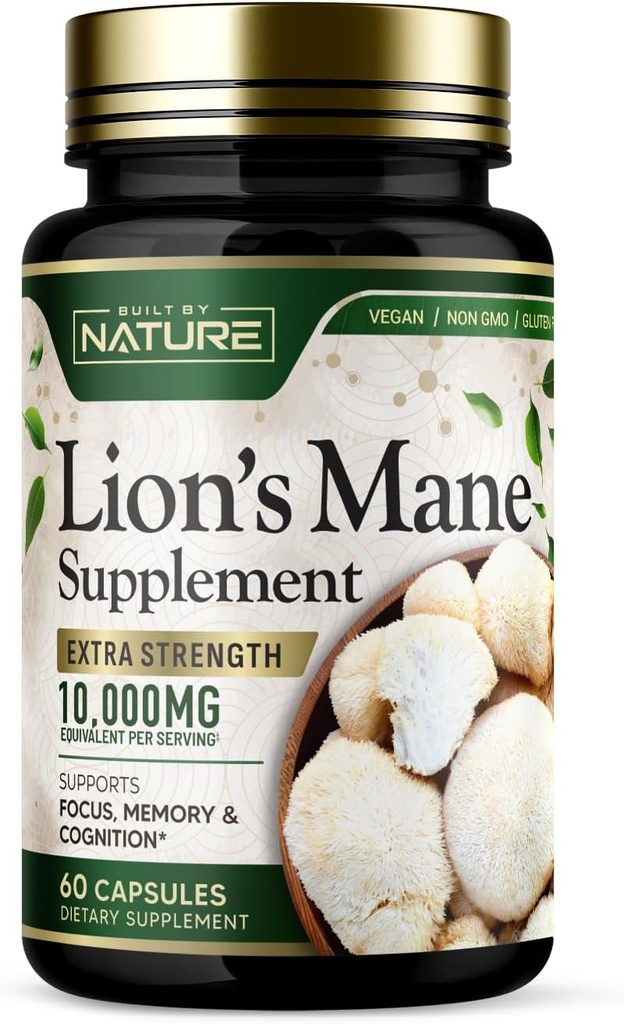 Construit par la nature Lion.Mane 10 000mg – Supplément de champignons de force supplémentaire pour le soutien du cerveau nootrope – Focus, mémoire et fonction cognitive – Non-OGM, sans gluten, végétalien - 60 capsules