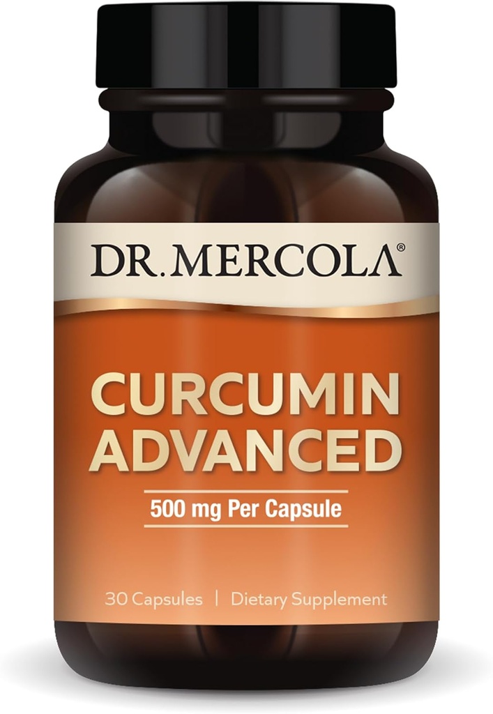 Dr Mercola Curcumin Avancé - Extrait de racine de Curcumine à 500 mg - 95% Curcuminoïdes - Pour la vision Santé, digestion et focus - Libération prolongée - Sans OGM, sans gluten et sans soja - 30 capsules (30 portions)