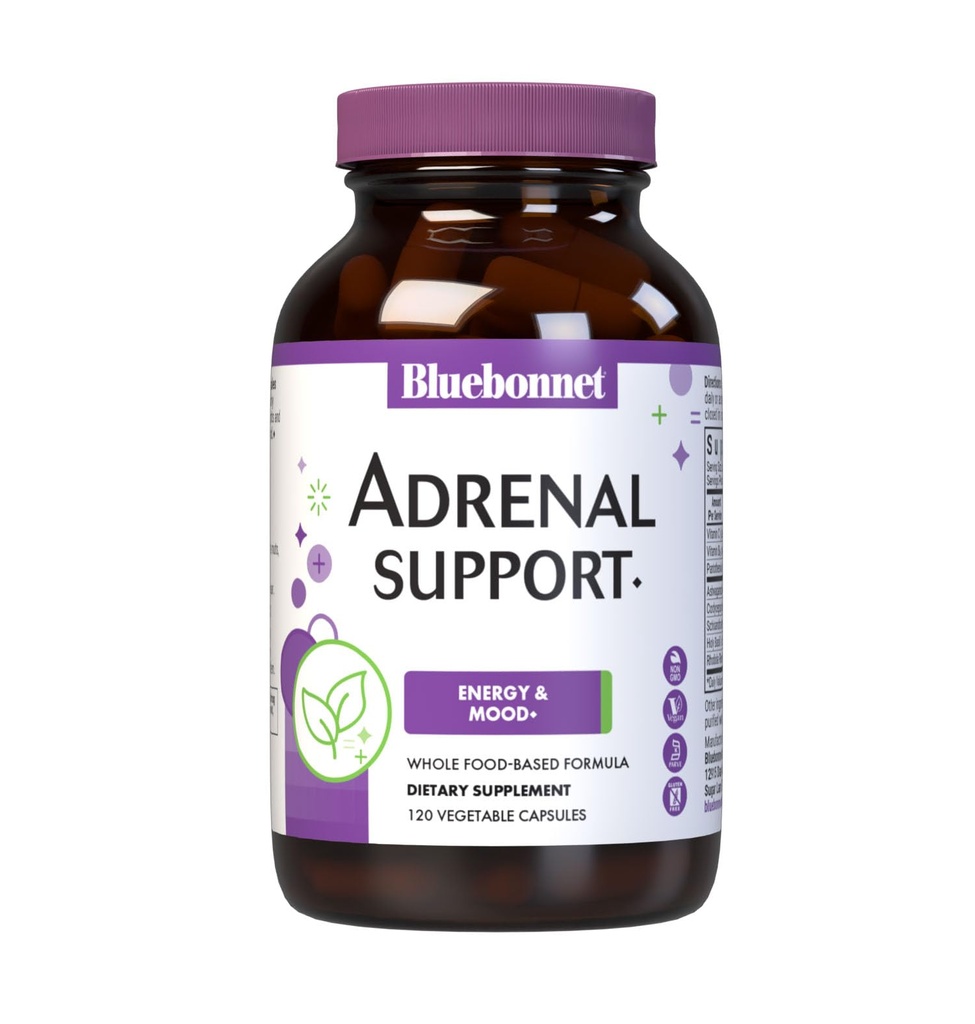 Bluebonnet Nutrition Soutien adrénal, énergie et humeur*, non OGM, végétalien, certifié Casher, sans gluten, sans soja, sans lait, 120 capsules végétales, 60 portions